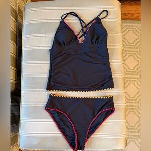 BlackWomen's Tankini Swim Set with Pink & Yellow Trim